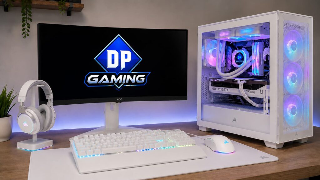 White custom gaming PC with illuminated internal components