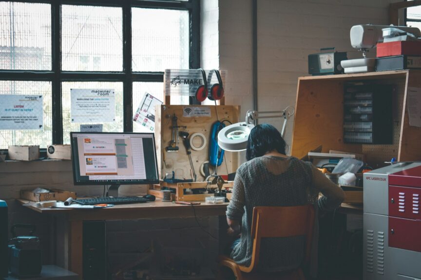 Local business owner working at a desk